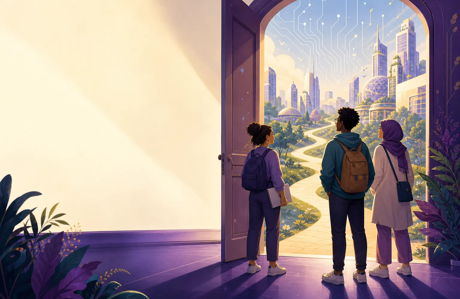 Illustration of diverse people looking toward an open pathway into a technology city